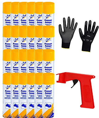 Iloda® Schutzhandschuhe + Sprüh-Pistolengriff (rot oder schwarz) + 24x 500ml cartechnic Bremsenreiniger Spray, Entfetter, Ölentferner, Fettentferner