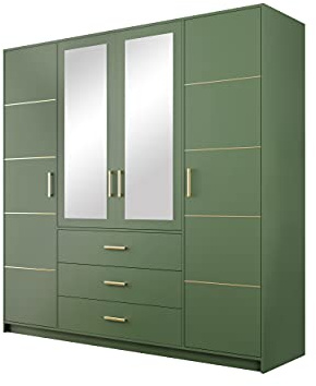 Drehtürenschrank Bado 4D II, Kleiderschrank mit Spiegel, Schubladen und Spiegeltüren, Elegantes Schlafzimmer Schrank, Jugendzimmer, Farbauswahl (flaschengrün/flaschengrün + Gold)