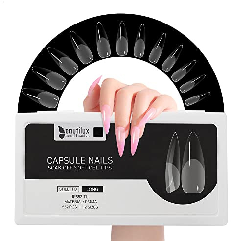 Beautilux Nageltips 552 Stück, Long Stiletto Tips für Gelnägel Transparent 12 Größen, Pre-Buff PMMA Soft Full Cover Nail Tips für Heimmaniküre und Nagelstudios