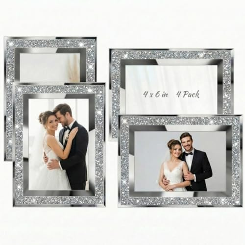 Queekay Glitzer-Bilderrahmen, Kristall-Wanddekoration, Spiegel-Dekoration für Abschlussfeier, Hochzeit, Zuhause, Tisch - Silber (10,2 x 15,2 cm)