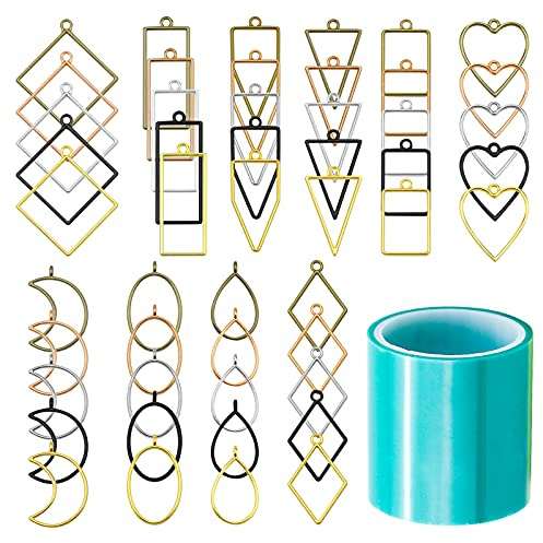 MINSHUXI 50 Stück Rahmen Anhänger Lünette Open Lünette Frame Metall Gießform Geometrische Hohlrahmen Anhänger mit 1 Rolle Nahtlosem Band für Harzgießen DIY-Handwerk Machen