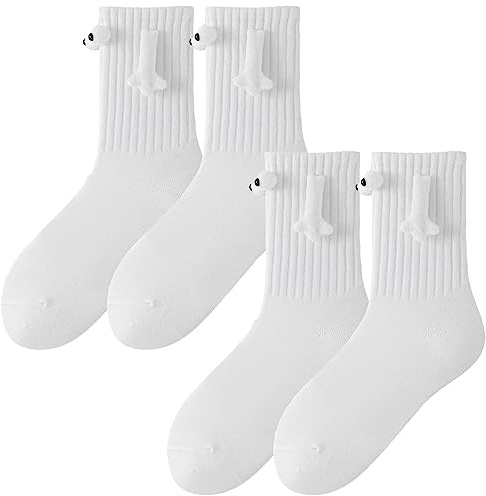 Lancry 2 Paar magnetische Socken, die sich an den Händen halten, Freundschaftspaar, neuartige Hand-in-Hand-Socken, 3D-Puppe, niedlich, Unisex, lustig, mittlere Röhrensocke (white and white)