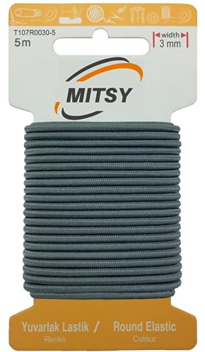 MITSY Cinta de goma redonda resistente al desgarro, 3 mm x 5 m, gris, fuerte, redondo, goma para pantalones, hogar, manualidades, tejidos para costura