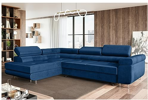 MEBLINI Schlafcouch mit Bettkasten - Ecksofa mit Schlaffunktion - Sofa mit Relaxfunktion und Kopfstützen - Couch L-Form - Eckcouch - Wohnlandschaft - MALIBA - 277x203x63cm Links - Blau Samt