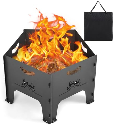 COSTWAY Outdoor Fire Pit, Collapsible Patio Wood Burning Fire Bowl with Carry Bag, Heavy-duty Pentagon Charcoal Braziers Stove Firepit for Bonfire BBQ Camping and Picnic, 49 x 47 x 30 cm