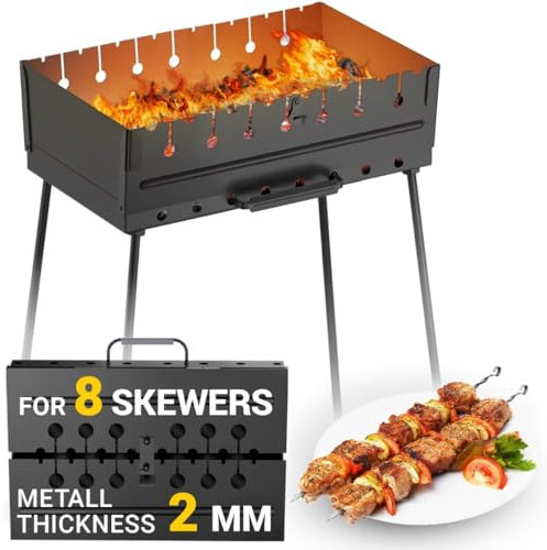 NB8 Holzkohlegrill für 8 Spieße – tragbarer Grill 42 x 30 x 41 cm Kabob Camp-Grills – faltbarer Metall-Mangal – Kebab Shish BBQ für EDC Picknick Outdoor Kochen Camping Wandern