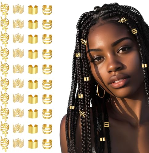 Andibro Gold Haarschmuck für Zöpfe, 40 Stück Verstellbar Metall Geflecht Ringe Haarspiralen Clips Aluminium Haarringe Dreadlocks Zubehör Geflecht Haarperlen Haar Schmuck für Damen Herren Jungen
