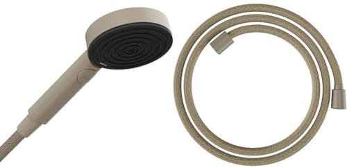 hansgrohe Planet Edition - Duschset mit wassersparendem Duschkopf Pulsify Select S 5,7 l/min (EcoSmart+) und Designflex Textil-Brauseschlauch 160cm, Handbrause mit 3 Strahlarten, Sand (recycelt)