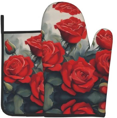 YYHWHJDE Set di 2 guanti da forno e presine con rose rosse, utilizzati per aprire i coperchi delle pentole in cucina e per trasportare piatti dal forno a microonde