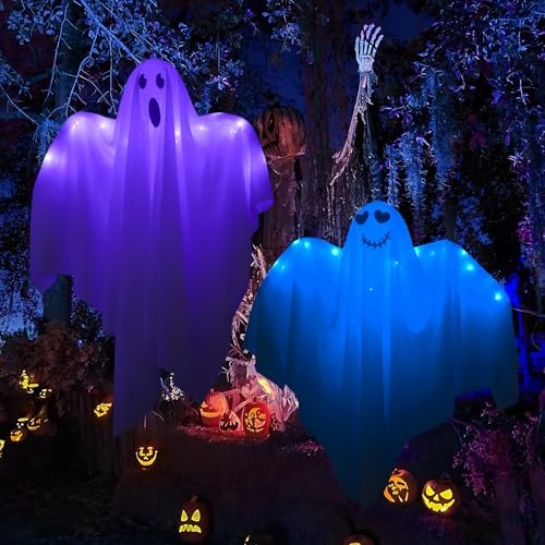 Halloween Deko Geist, 2 Stück Halloween Hängende Geist mit Licht Halloween Geist Windsäcke Hängende Dekoration für Halloween Deko Innen Außen Garten Vorhof Terrasse Zuhause Garten Party