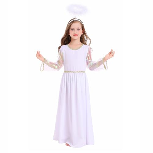 Funjoyz Engel kostüm Kinder Mädchen Weiß Kleid kleiner für Weihnachten Halloween Neujahr Karneval Maskerade Cosplay Geburtstagsfeier,Engel Accessoires Kleidung mit Kopfbedeckung 110-160 CM