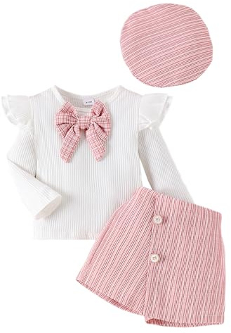 LUVCES Conjunto Falda para Niña Manga Larga Pajarita Punto con Volantes Tops + Elegante Minifalda + Boina 3Pcs Trajes Ropa para Otoño Invierno Rosa 2-3 Años