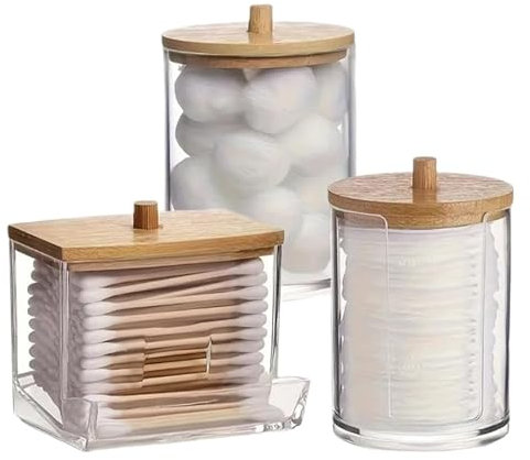 Acrylic Cotton Swab, Cotton Pads and Ball Dispenser, 3 Pack with Bamboo Lids and Comes with Free start up contents