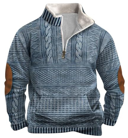 Stickad tröja för herr fodrad, 1/4 dragkedja, tröja herr varm, tröja, enfärgad stickad tröja, lös passform, sweatshirt, MTI ståkrage, grovstickad tröja, mjuk tröja, stretch, arbetströja, Ljusblå, XL