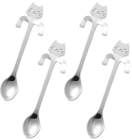 4 Stück Katzen Kaffee Löffel Set, Edelstahl Hängelöffel mit süßem Katzen Design, Mehrzweck Teelöffel Dessertlöffel zum Aufhängen an Tassen, ideal für Kaffee, Tee, Milch, Milchshake und Getränkemischen