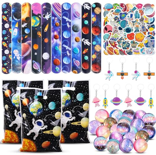 Dncvb Weltraum Geburtstag Mitgebsel Astronaut Geburtstag Party Deko | 10 SchnapparmbäNder 10 Schlüsselanhänger 50 Sticker 10 Geschenktüte 10 Flummi für Gastgeschenke, Geburtstag Party Deko