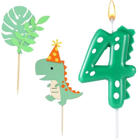 BOBOZHONG Dino Geburtstagskerzen,Geburtstagskerzen Zahlen 4,Dinosaurier Kerzen Geburtstag,Kerzen Zahlen,mit 2 Stück Cake Topper,für Alle Geburtstag Zubehör Dinosaurier Thema Party Kuchen