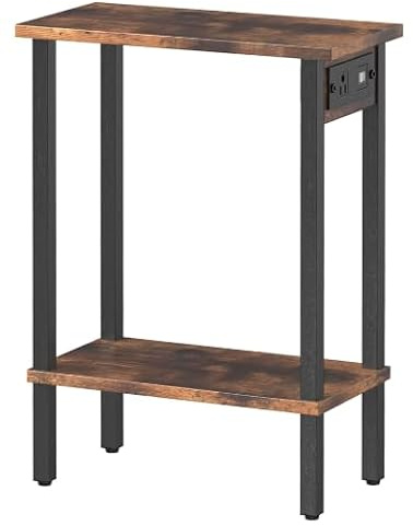 HOOBRO Tavolino Stretto a 2 Ripiani, Tavolino da Divano con Stazione di Ricarica, Comodino con Ripiano Portaoggetti, per Piccoli Spazi, Soggiorno, Camera, Studio, Marrone Vintage e Nero EBF240CBZ01