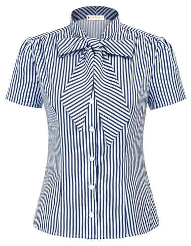 Belle Poque Camiseta de manga corta para mujer, informal, básica, verano, blusa vintage, camiseta con lazo BP819, Rayas azules., M