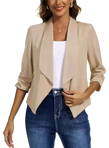 MISS MOLY Women Blazer Suit 3/4 Ruched Sleeve Jackets Business Casual Work Office Open Front Slim fit Lined Blazer Jacket Cardigans for Ladies Spring Light Brown