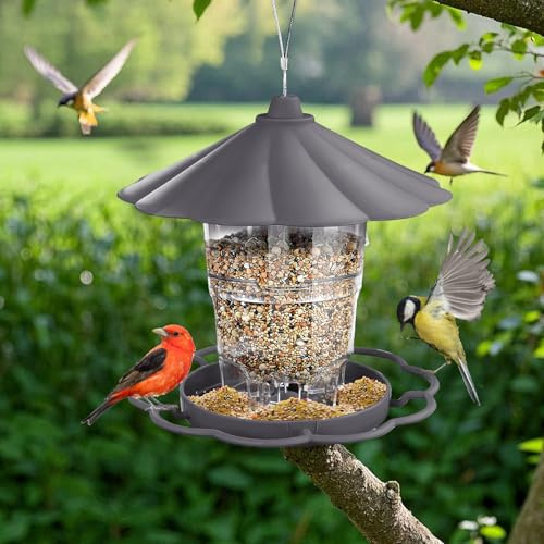 LEKEFETO Vogelfutterhaus zum Aufhängen, 820ML Einziehbar Vogelfutterspender, Vogelfutterstation Vogelhaus, Wetterfest Vögel Futterspender Aufhängen, für Meisen Spatzen Wildvögel - Grau