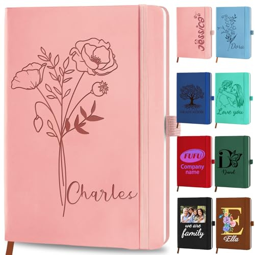 YanNanKe Personalisiertes Leder Notizbuch Personalisiert Tagebücher Notizbuch für Frauen und Männer mit Geburtsblumen Namen A5 Tages Journal zum Schreiben für die Arbeit im Büro