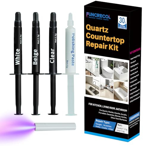 FUNCRECOL Quartz Countertop Repair Kit (Clear, White, Beige) 30s Quick-Drying Quartz Chip Repair Kit for Edge Chips, Cracks, Scratches and Holes on Quartz, Marble, Granite, Porcelain and Other Stone Surfaces - Pro Surface Repair