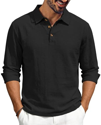TAFLE Men’s Linen Shirts Long Sleeve Polo Shirt Casual Summer Classic Golf T Shirts Black