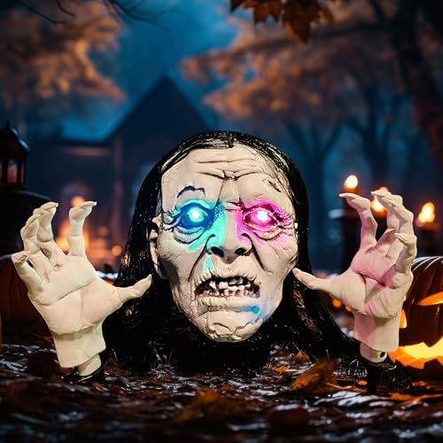 Halloween Deko Outdoor Zombie Groundbreaker, Halloween Deko Kriechender Zombie mit Sound Und Leuchten Leuchtender Helloween Animierter Zombien mit Leuchten Augen für Rasen Terrasse Garten (A)