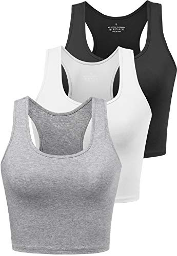 BryticFlow Women's Crop Vest Top 3 Pack Cotton Gym Tops for Yoga Running Shirts Racerback Sleeveless Workout Tank Cropped Ladies Tops Black/White/Grey S