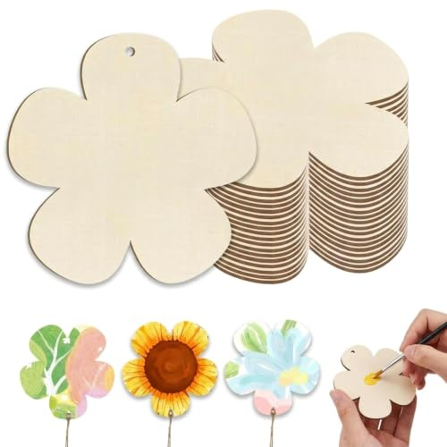 IUSOT Holz Blumen Scheiben, 20 Stück Unfertige Holzwerkstücke zum Bemalen, 7,5 cm mit Loch & Juteschnur für DIY Dekoration, Kinderhandwerk und Malerei, Bastelprojekte für Kinder, Dekoartikel