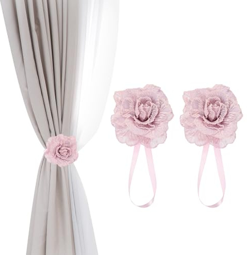 PATIKIL Fermacurtain Magnetici A Forma di Fiore 1 Paio Fermatende Decorativi Senza Foratura Portatende con Cordino per Decorazione Casa Ufficio Balcone Rosa