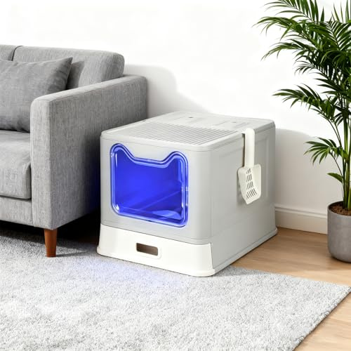 OHMG Bac à Litiere Chat Autonettoyante,Maison de Toilette Fermé pour Chat,Litière Automatique Autonettoyant pour Chats avec des Rayons ultraviolets+1 filtres au Charbon
