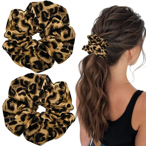 2 hårsnoddar med leopardmönster, stora 16cm, eleganta satinaccessoarer för kvinnor och tjejer, dagligt bruk och speciella tillfällen