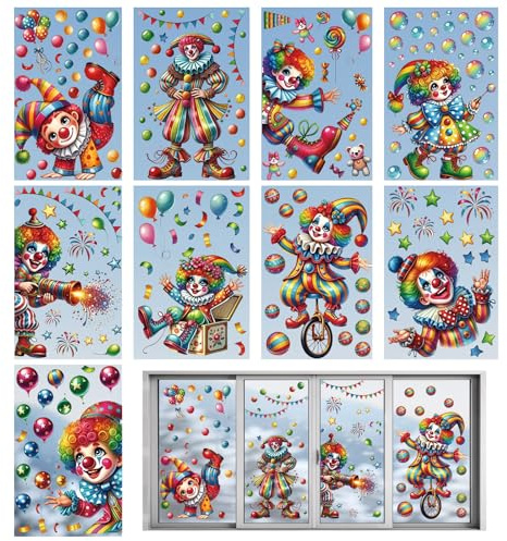 KLINNA 9 Blatt Fensterbilder Karneval Selbstklebend Clown, Fasching Party Dekoration, Zirkus Fenster Aufkleber, Statische Abziehbilder für Kinderzimmer Geburtstagsparty Deko