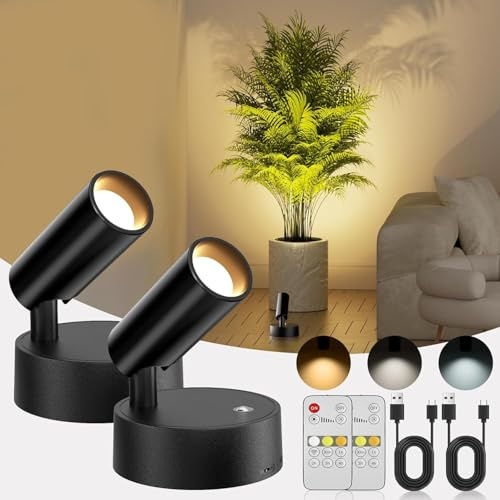 Bonsery 5500mAh Akku Wandleuchte Spotlight 2er Set mit Timer, 3 Farben Dimmbar Wandspot mit Touch Fernbedienung, 350° Drehbare Aufladbar Wandlampe Innen Deko für Bilderbeleuchtung Pflanzenbeleuchtung
