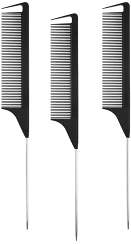 3Pcs Rat Tail Comb for Women Fine Tooth Parting Comb Carbon Fiber Heat Resistant Teasing with Plastic Pick Hair Styling Thin Lightweight for Women Men