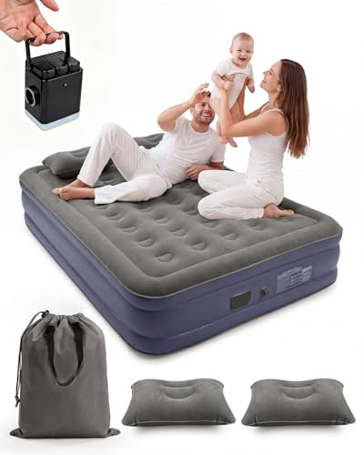 Matelas Gonflable 2 Personnes 203x152x40cm, 40 Chambres d’Air, Charge Max 300 kg, Surface Floquée Douce, Matelas Gonflable avec Sac de Transport et 2 Oreillers, Idéal Invités Maison Camping, Gris Bleu