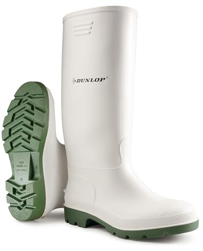 DUNLOP Pricemastor para hombre y mujer – Botas de agua y de caucho, impermeables, con puntera blanda – Resistentes a productos químicos – Altas – PVC – Blanco/Verde – Tallas 36