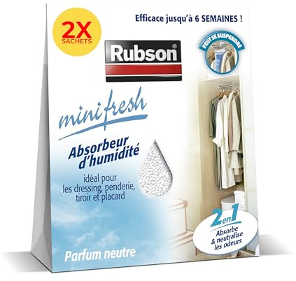 Rubson - Absorbeur d’humidité Minifresh parfum neutre (2 sachets de 50 g) – Adapté pour dressing, penderie, tiroir et placard – Efficace jusqu'à 6 semaines