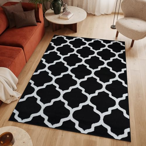 TAPISO Luxury Teppich Kurzflor Schwarz Weiß Wohnzimmer Schlafzimmer Modern Marokkanisch Geometrisch Gitter Rauten Kleeblatt Design ÖKOTEX 140 x 200 cm