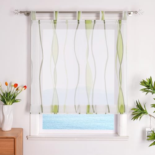 ESLIR Raffrollo mit Schlaufen Gardinen Küche Raffgardinen Grün 140x140cm | Transparent, Schlaufenrollo, Vorhänge mit Wellen-Druck, Modern Voile, 1 Stück, Fenster Rollos für Innen, Wohnzimmer Balkon