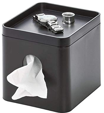 iDesign Kosmetiktücherbox, kleine Aufbewahrungsbox für Papiertücher aus Kunststoff, Taschentuchbox mit Ablage für Schmuck und Schminke, schwarz, 15,5 cm x 13,1 cm x 13,7 cm