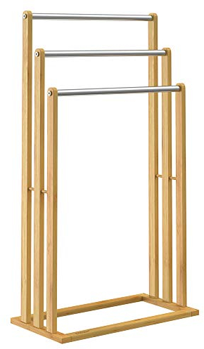 CASARIA® 3 Tier Freestanding Bamboo Towel Rack with Stainless Steel Rails | 84x46x21cm | Bathroom Towel Bar Stand & Clothes Drying Airer | Modern Sturdy Organiser | No Drilling