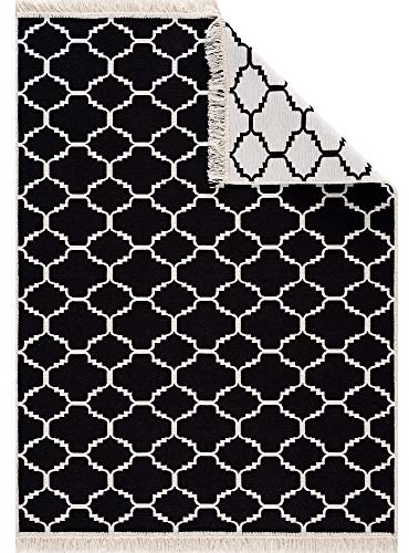 Jimri Teppich Läufer - Tepiche für Wohnzimmer, Schlafzimmer, Küche, Kinderzimmer, Badezimmer - Boho Kelim - Läufer Flur, Schwarz-Creme, Größe: 120x170 cm