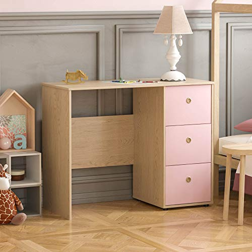 Junior Vida Neptune - Escritorio de 3 cajones para Ordenador o portátil, estación de Trabajo para Estudio en casa, Muebles para niños (Rosa y Roble)