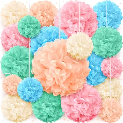 Avoseta Seidenpapier-Pompons zum Aufhängen, Pastellfarben, für Geburtstagsdekorationen, Babyparty-Dekoration, Oster-Party-Dekoration und Klassenzimmer-Dekorationen von Avoseta (20 Stück)