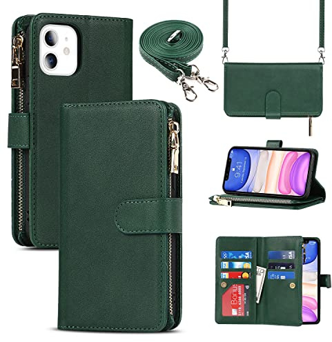 CAVOR Handykette Handyhülle kompatibel mit iPhone 11 Hülle Mit Band,Flip Leder Geldbörse Hülle Mit Kette,[9 Kartenfach][Doppelte Schnalle],Umhängeband Klapphülle Handytasche - Dunkelgrün