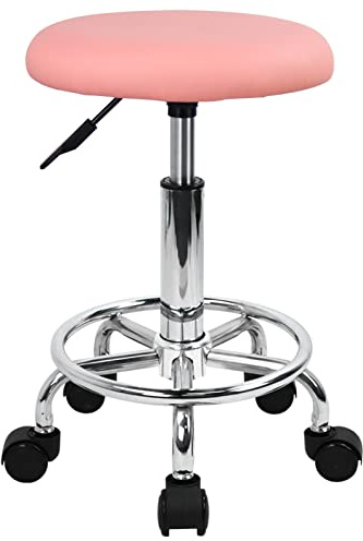 KKTONER Svängbar rullpall justerbar höjd PU-läder kudde salong fåfänga massage kontor pall stol liten (rosa)
