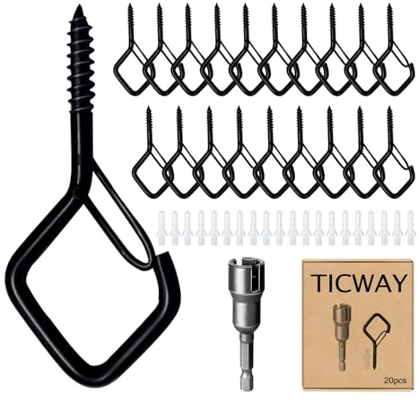 Ticway 20 PCS Q-Hanger Hooks for String Lights, Ceiling Hooks for Hanging Plants, Wind Chimes, Bird Feeders, Lanterns, Christmas Decorations (Square Hanger) Black